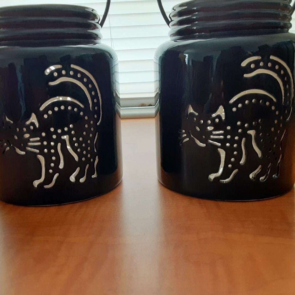 Halloween Decor Ceramic Black Cat Candle Holder Set